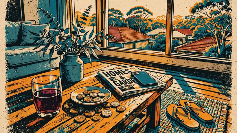 Cozy Australian living room with wine, coins, and face-down phone at sunset.