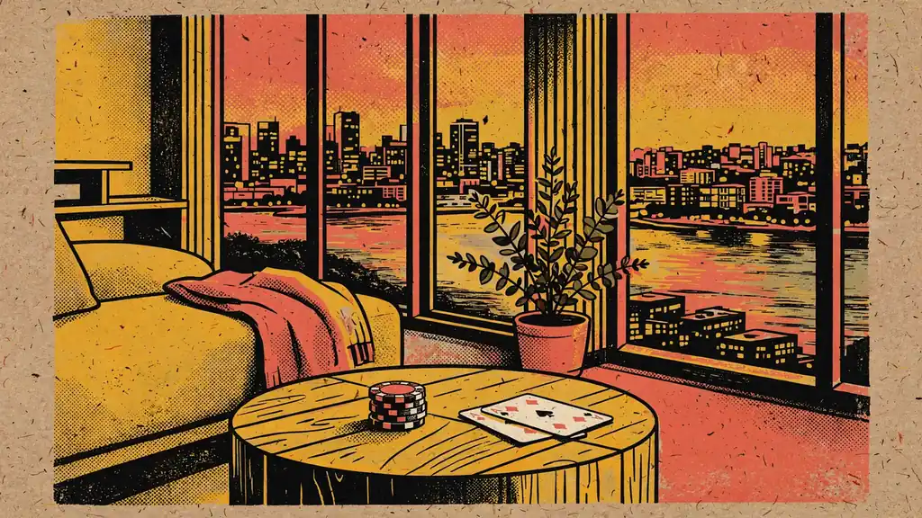 Casino chips and playing cards on a wooden table in an Australian lounge with harbour view