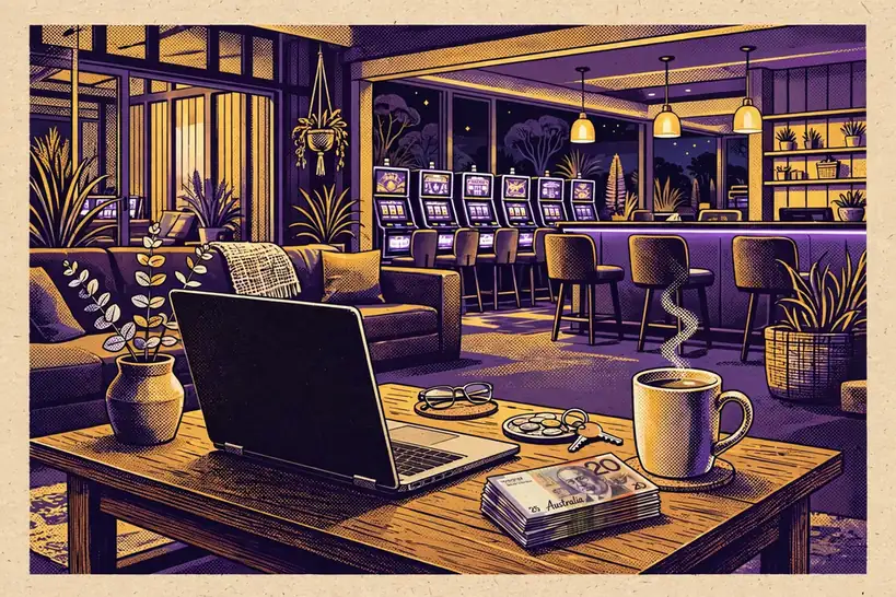 Australian lounge with laptop and twenty-dollar banknotes on a table