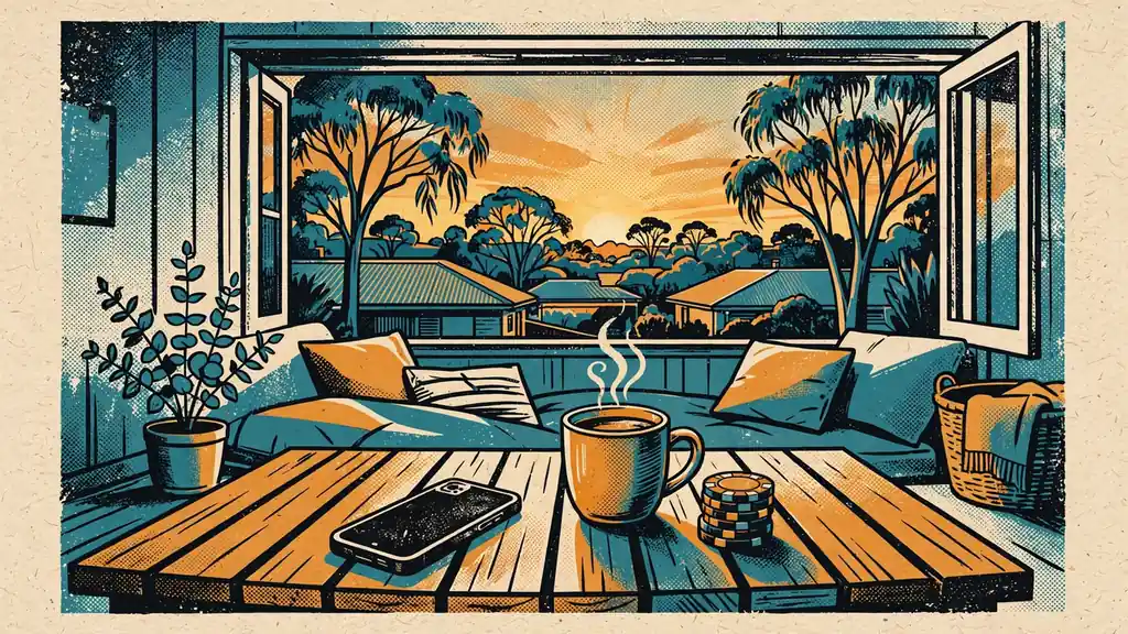 Smartphone, coffee mug and colorful chips on a coffee table in an Australian living room at sunset.
