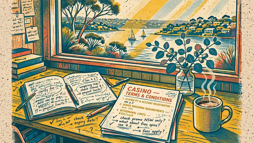 Sunlit Sydney home office with editorial notes on casino terms.