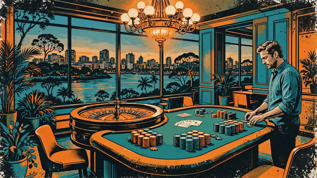 Queensland casino interior with card table and Brisbane skyline at dusk