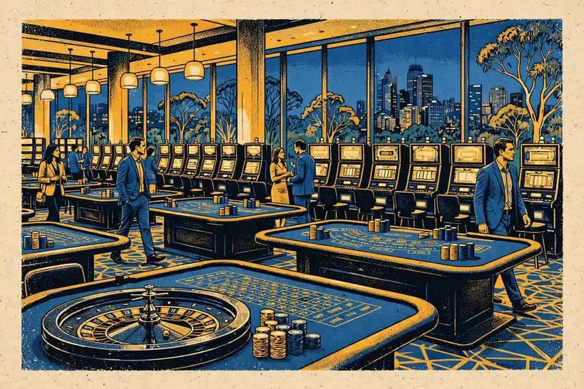 Sydney casino gaming floor at dusk with machines, table games and skyline view