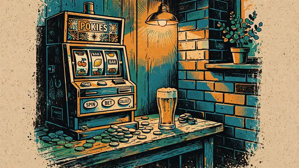 Slot machine in an Australian pub with coins and beer.