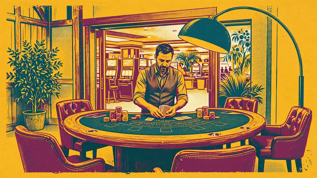 Live dealer casino studio with croupier at a blackjack table