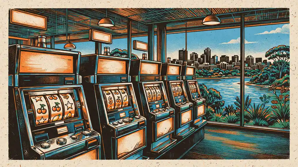 Slot machines inside a Perth gaming lounge with city skyline view