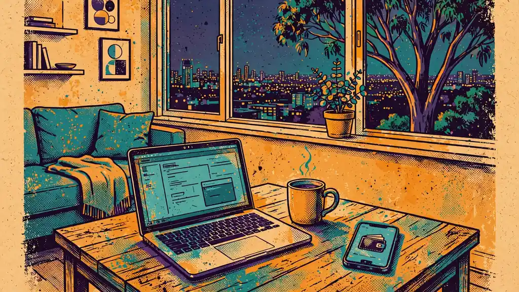 Australian living room with laptop, phone, and coffee at dusk