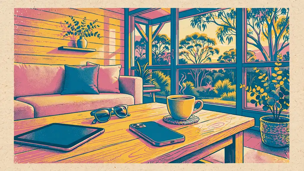 Smartphone on coffee table in sunlit Australian living room with eucalyptus view outside.