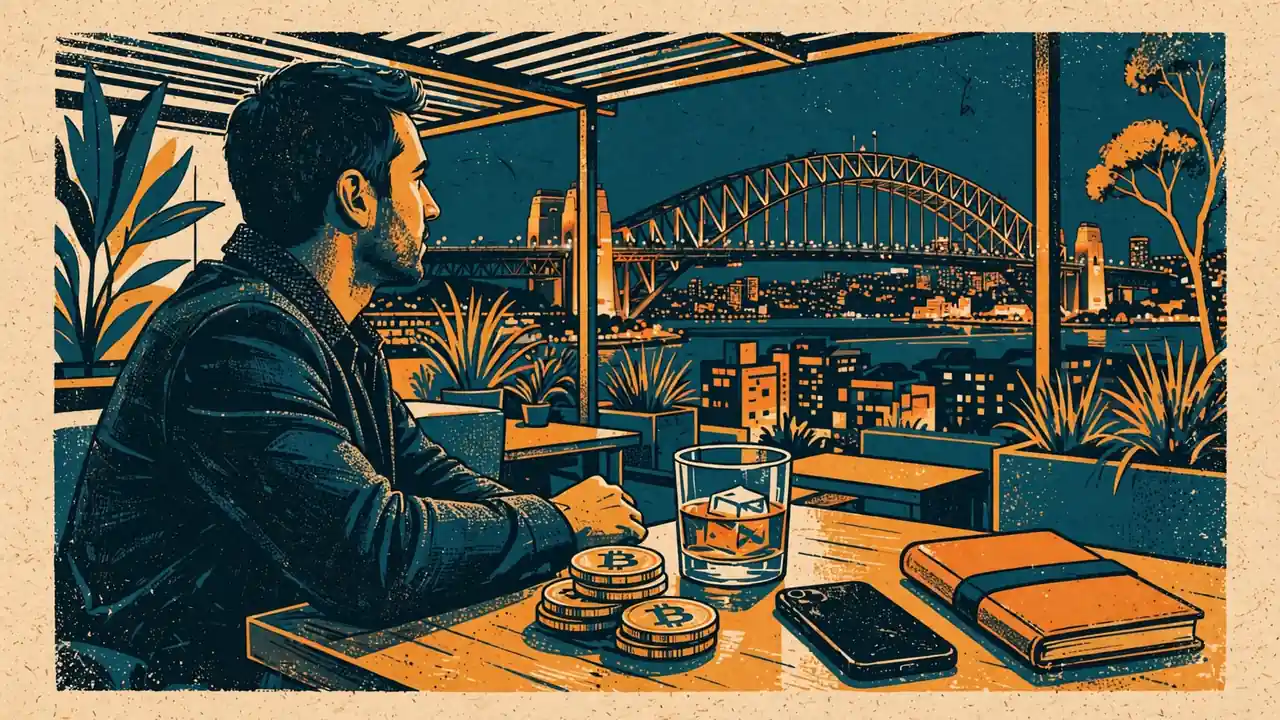 Man at a Sydney rooftop bar with Bitcoin tokens, whiskey, and Harbour Bridge lights at night