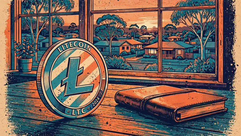 Metallic Litecoin coin on a desk with Australian suburban evening view through the window.