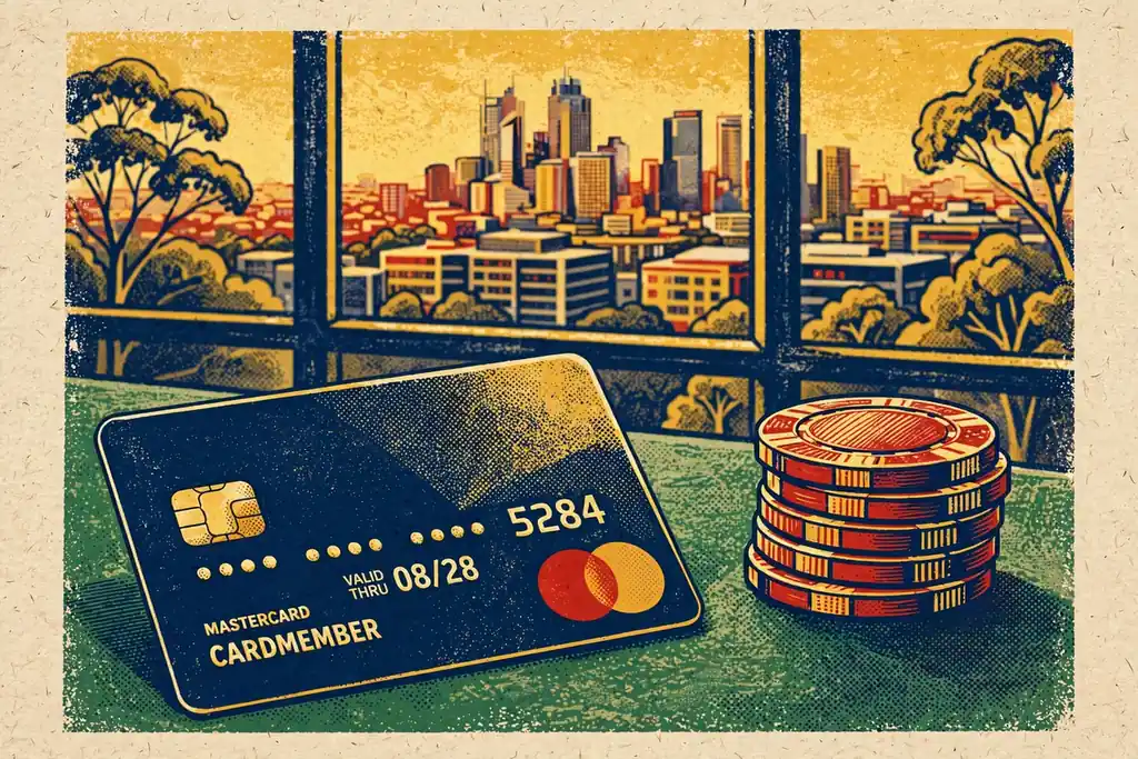 Mastercard credit card on casino table with Australian skyline in background.