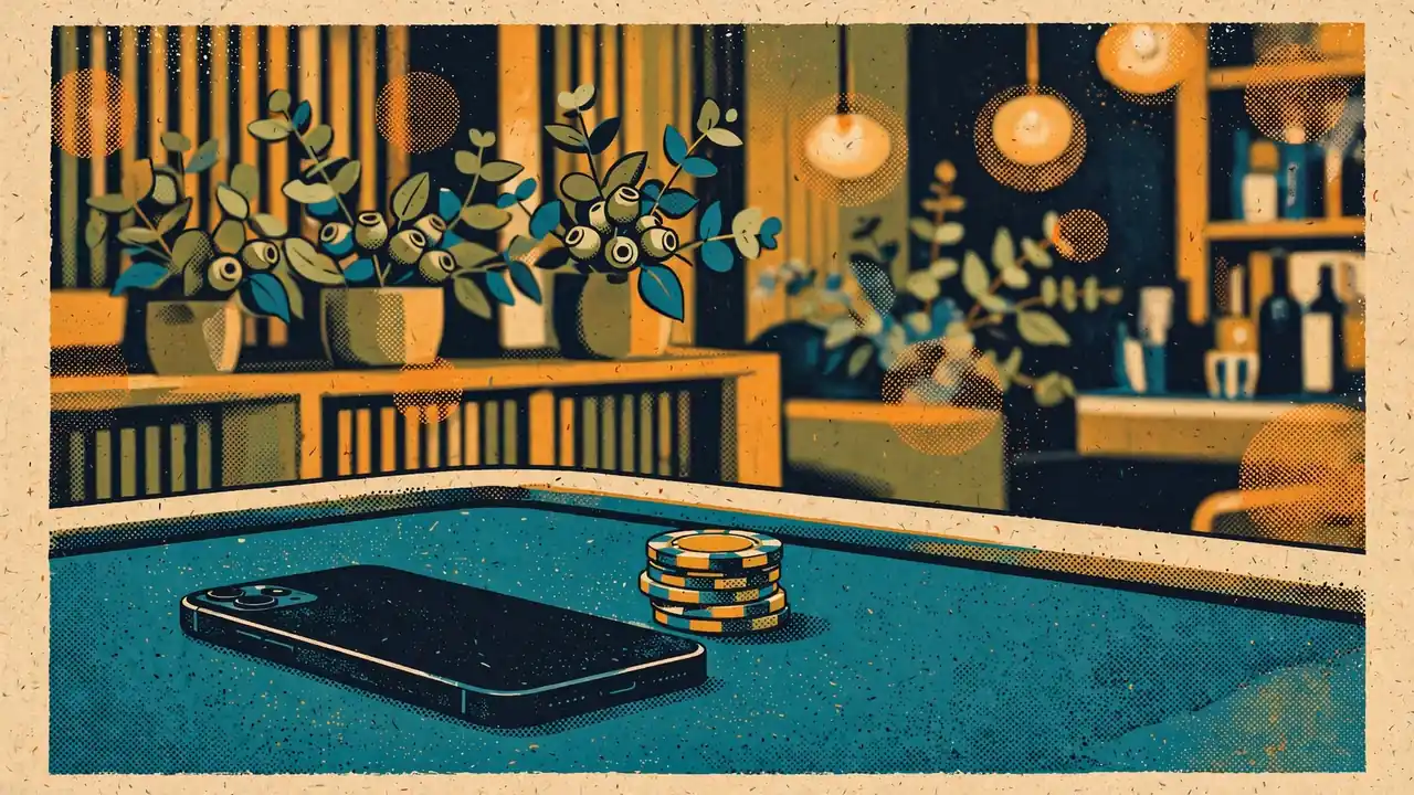 Smartphone and casino chips on a gaming table in an Australian lounge setting.