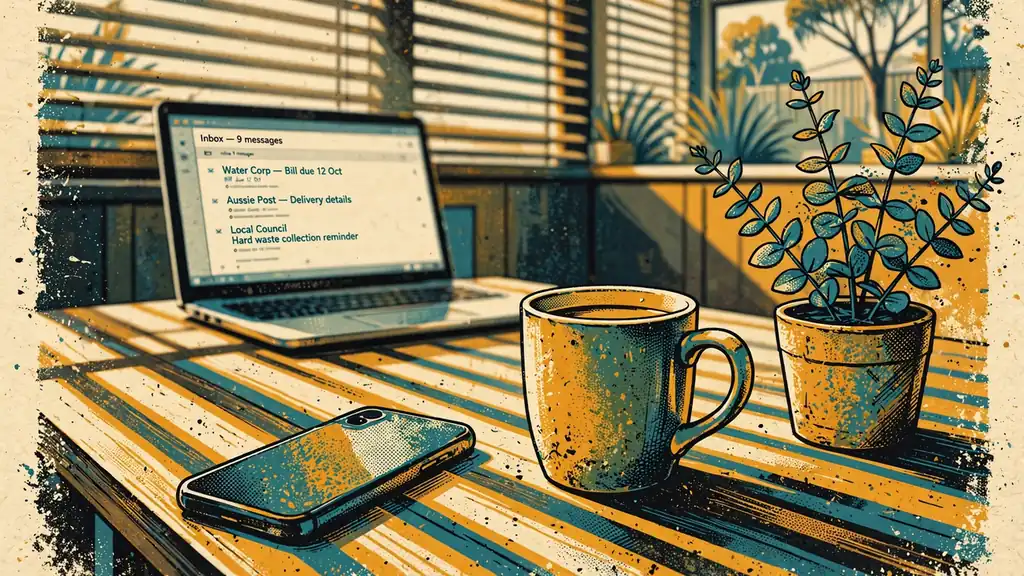 Smartphone on a kitchen bench with eucalyptus and coffee in an Australian home.