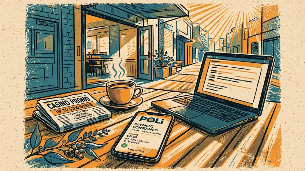 Laptop and phone on a Melbourne cafe table showing a POLi payment