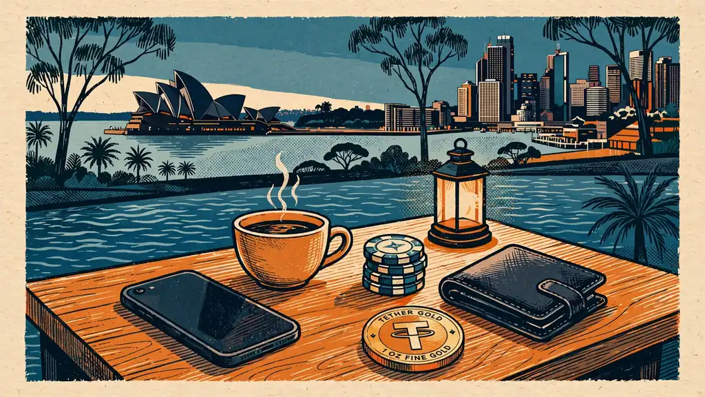 Sydney harbor skyline at dusk with a Tether coin, casino chips, and a smartphone on a cafe table.