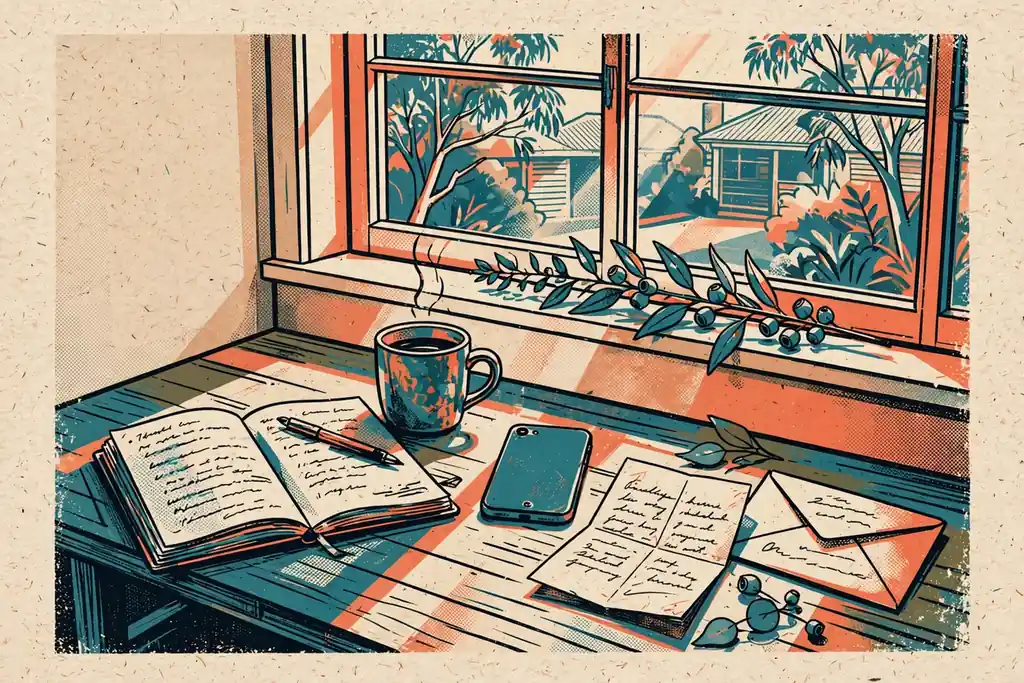 Home office desk with notebook, envelope and coffee mug in warm Australian light