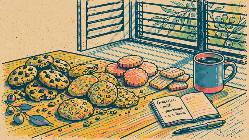 Assorted homemade cookies on a wooden table with coffee mug