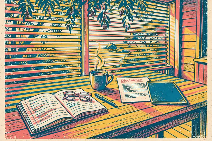 Printed disclaimer document on a veranda desk with notebook and tea, Australian coastal home