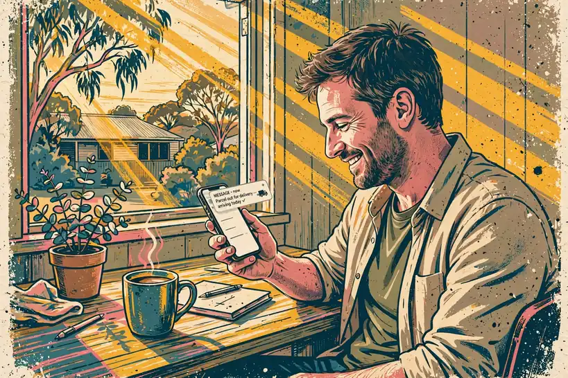 Australian man checking fast withdrawal notification on smartphone at a sunlit home desk.
