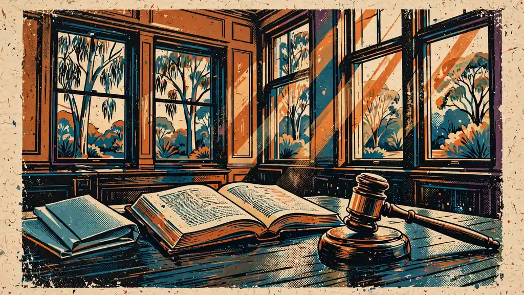 Wooden gavel, open law book and document on a desk in a sunlit Australian legal office.