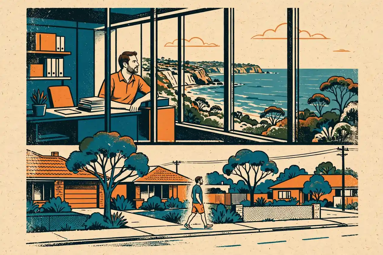 Office window overlooking an Australian coastline above a quiet suburban street.