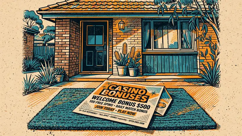 Casino bonus flyer on a doormat outside an Australian home.