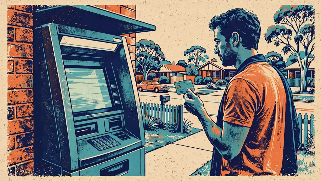Person at an ATM on a quiet Australian street.
