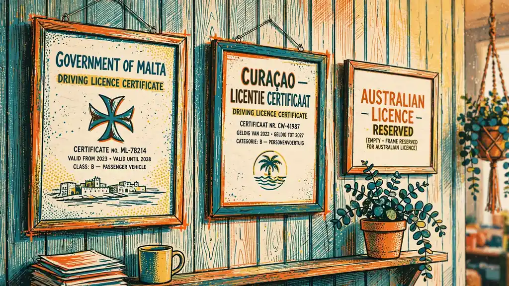 Foreign gambling licence certificates on an office wall.