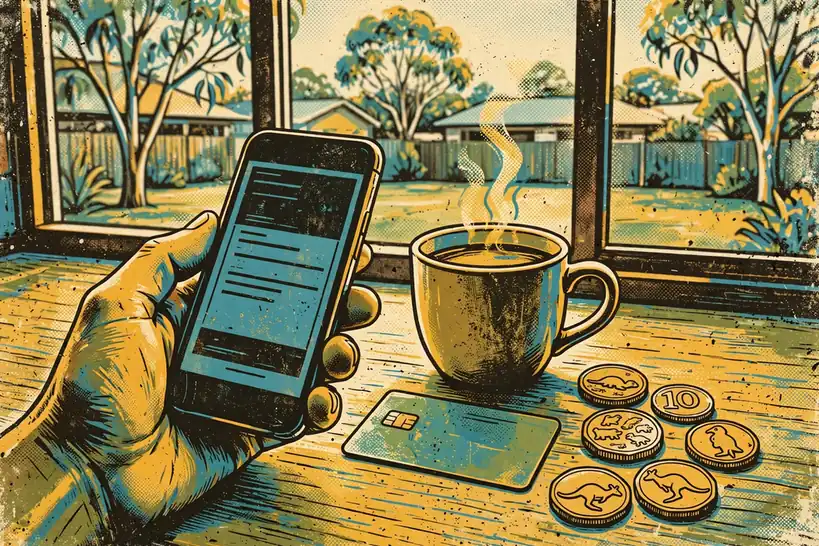 Hand with smartphone, bank card and coins on a sunlit Australian kitchen counter