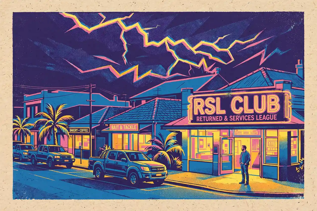 Australian RSL club at night with a lightning bolt over a coastal town.