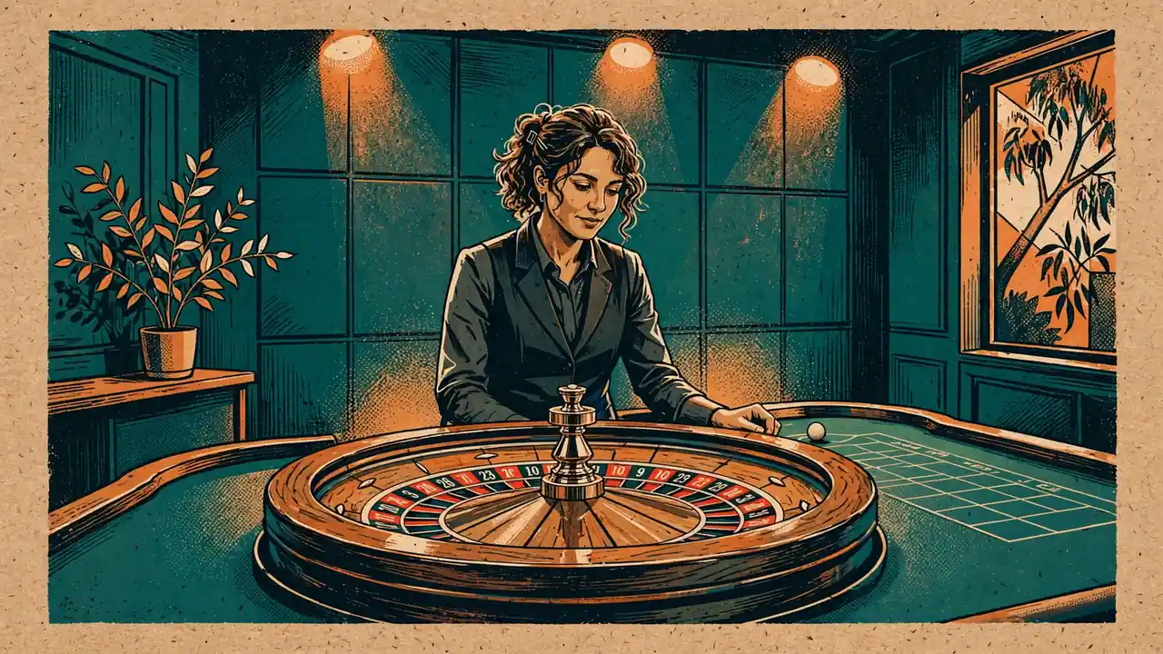 English-speaking dealer beside a roulette wheel in a professional studio.