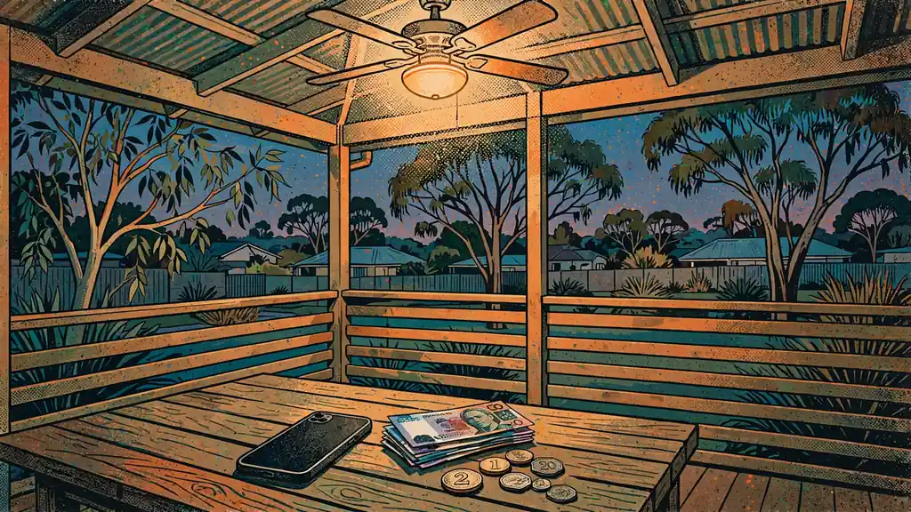Australian veranda at dusk with a phone and a few dollars on a table.