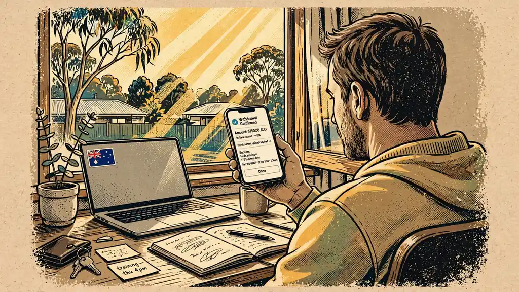 Australian player confirming a no-verification casino withdrawal on a smartphone at home.