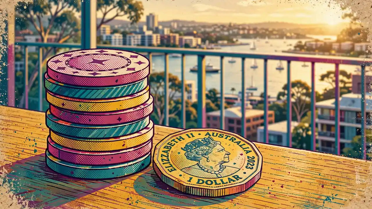 Casino chips with an Australian dollar coin on a table