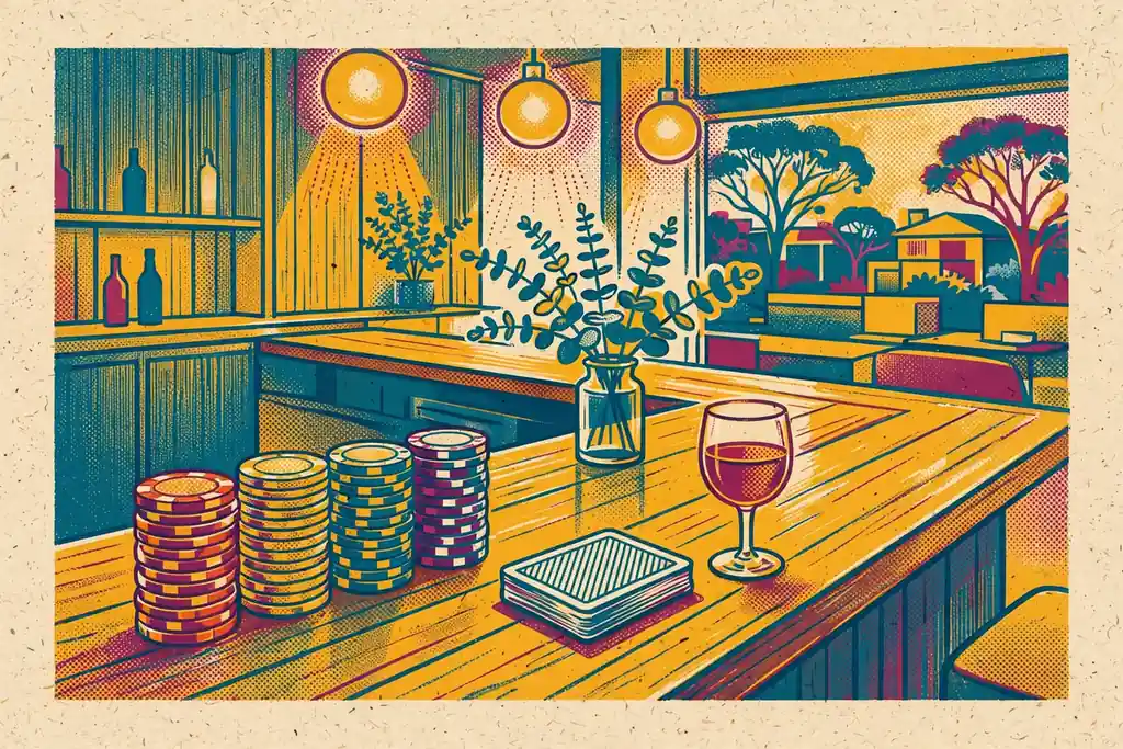 Casino chips and cards on a wooden bar in a modern Australian lounge
