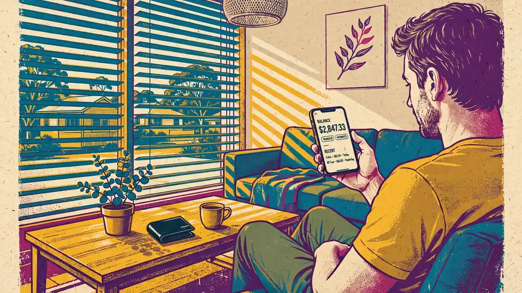 Australian adult with smartphone performing PayID payment at home