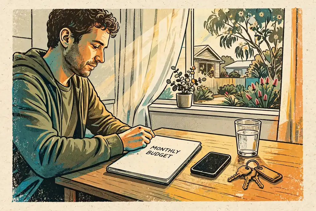 Person planning a gambling budget at a sunlit Australian kitchen table with a face-down phone.