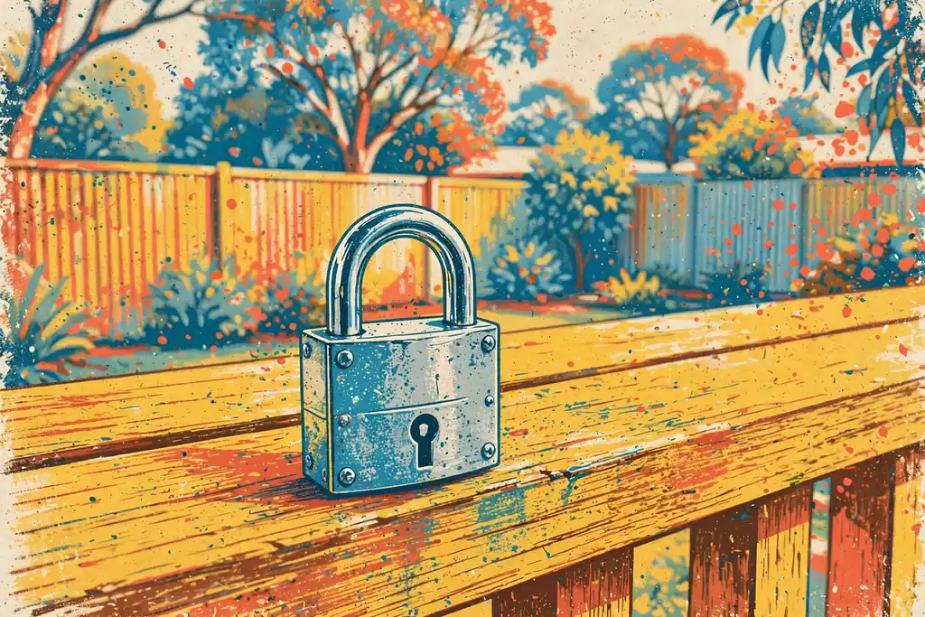 Silver padlock on a wooden veranda with Australian eucalyptus garden in background