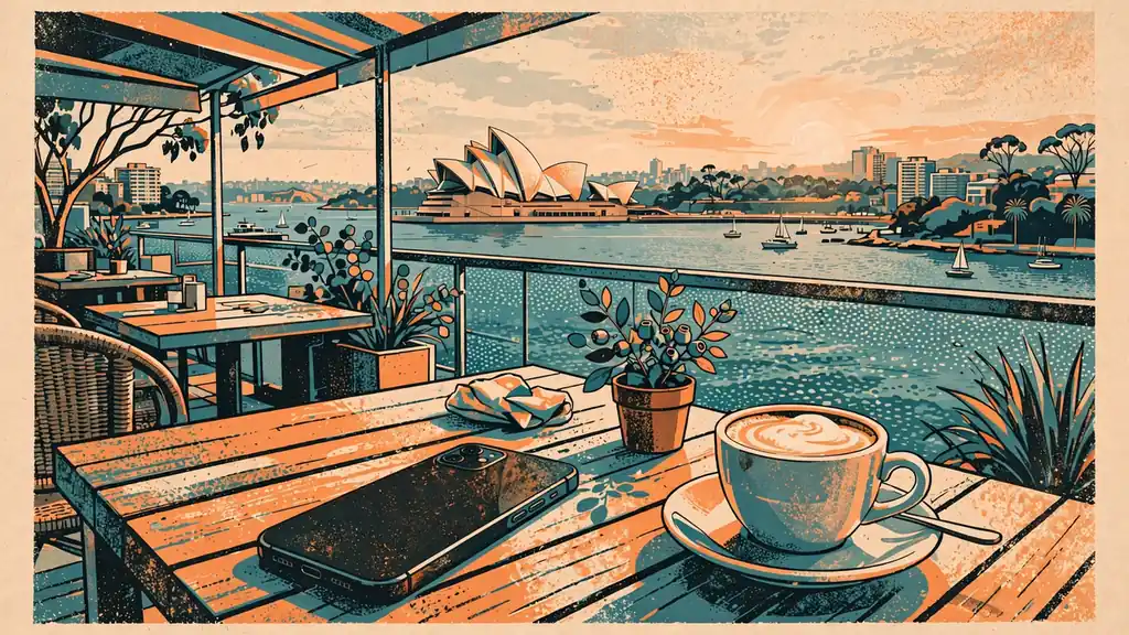 Smartphone on café table overlooking an Australian harbor.