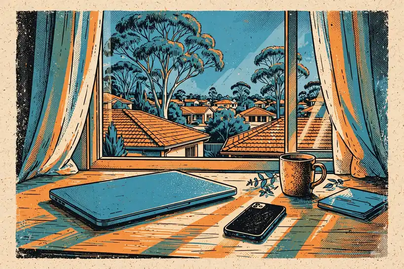 Closed laptop and face-down phone on a desk in an Australian home office with gum trees outside.