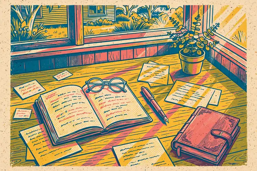 Sunlit desk with notebook, reading glasses, fountain pen, eucalyptus plant, and a leather-bound book.